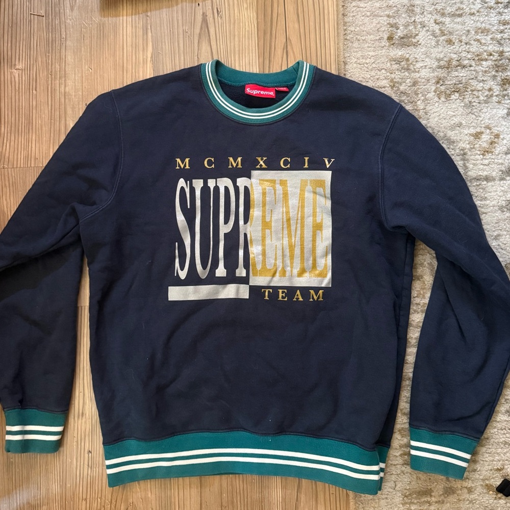 Supreme Navy Crewneck Sweater with Green & White Trim